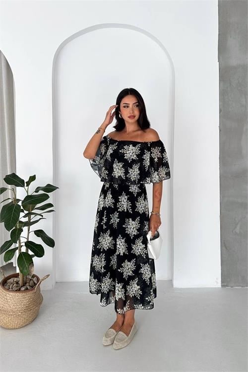 Dipmoda kadın siyah madonna yaka şifon desenli midi boy elbise DPK091