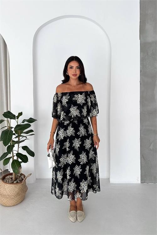 Dipmoda kadın siyah madonna yaka şifon desenli midi boy elbise DPK091