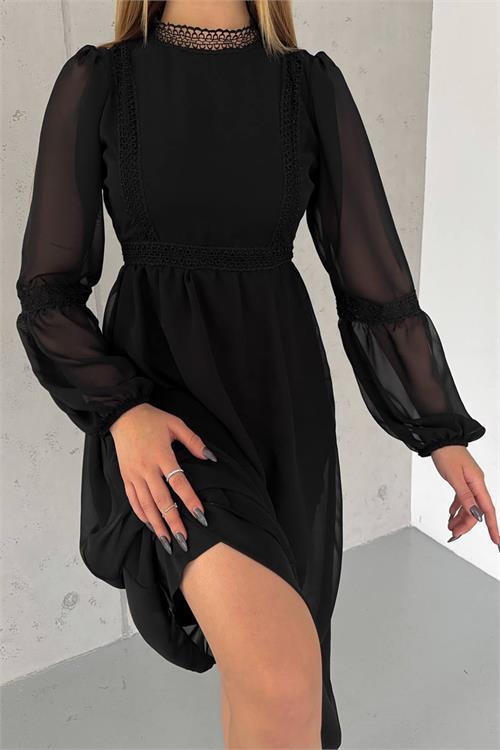 Dipmoda kadın siyah midi boy astarlı şifon elbise NBK2024 