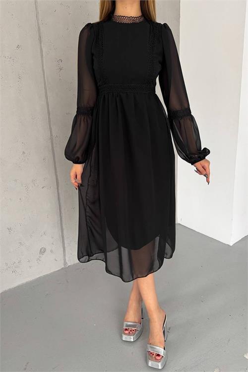 Dipmoda kadın siyah midi boy astarlı şifon elbise NBK2024 