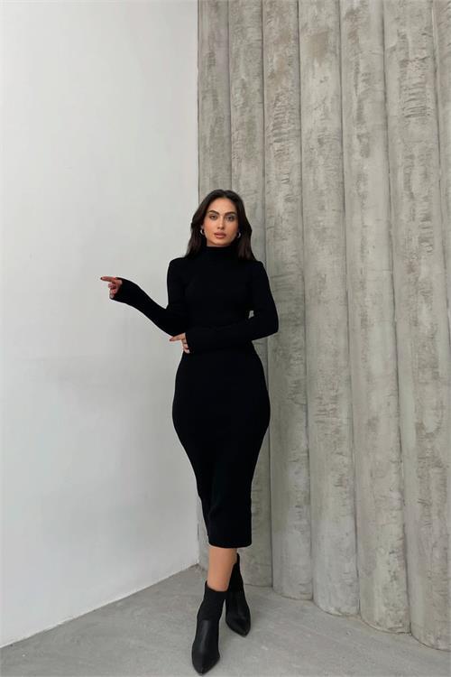 Dipmoda kadın siyah midi boy boğazlı yaka triko elbise NBDM1217 