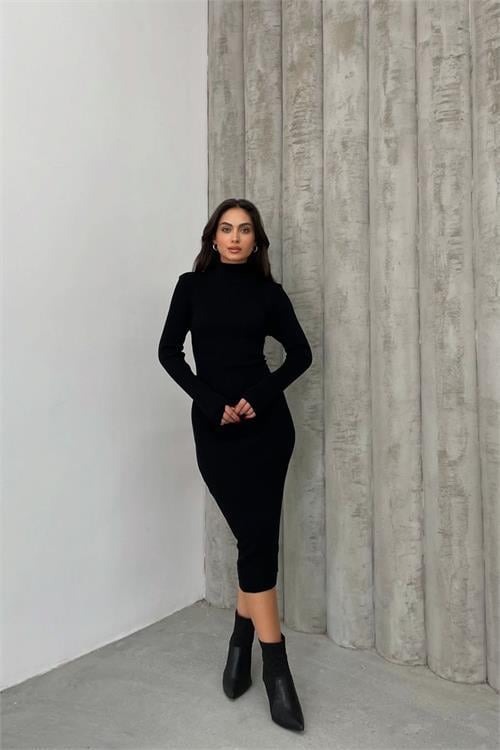Dipmoda kadın siyah midi boy boğazlı yaka triko elbise NBDM1217 