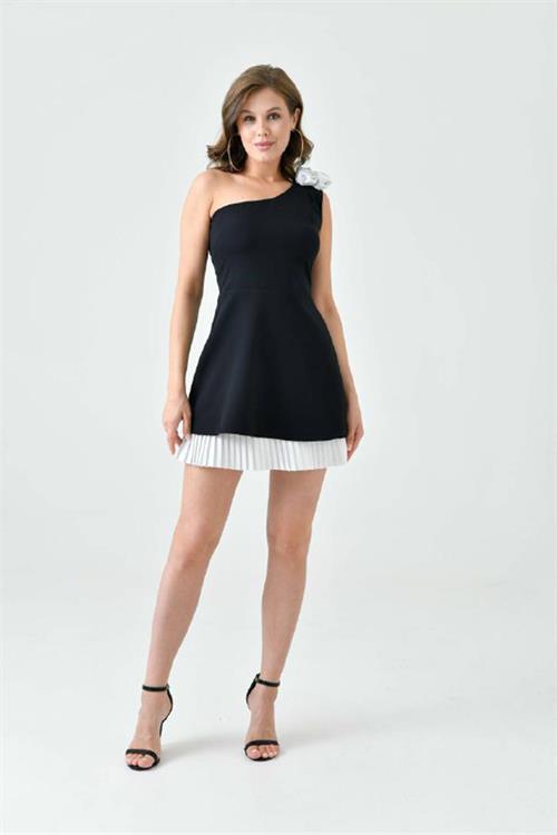 Dipmoda kadın siyah mini tek omuz abiye elbise NBS9357 