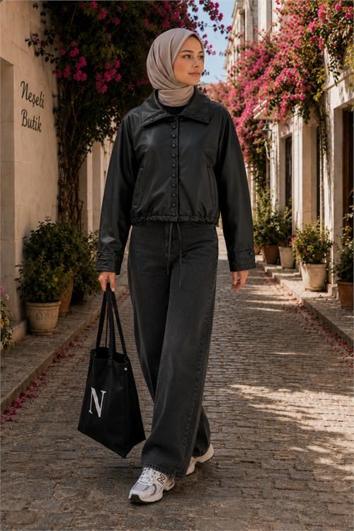 Dipmoda kadın siyah modern duruşlu çıtçıt detaylı oversize suni deri ceket DPHT02