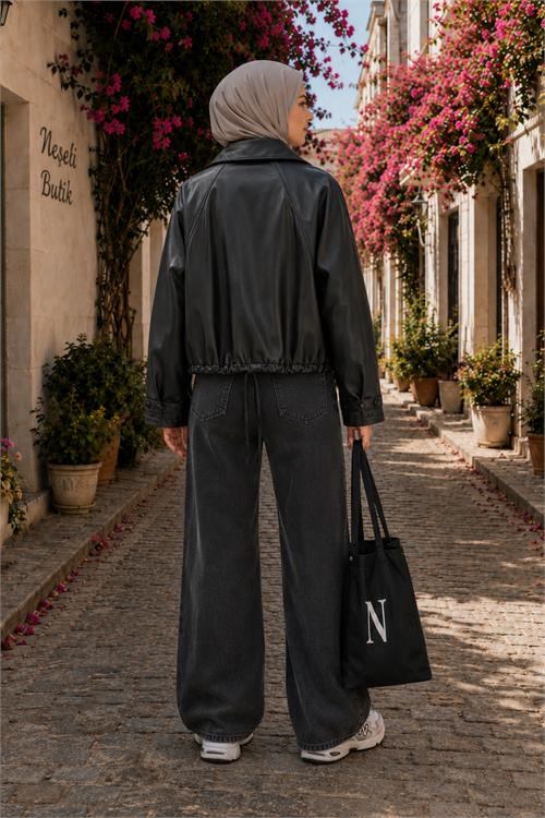 Dipmoda kadın siyah modern duruşlu çıtçıt detaylı oversize suni deri ceket DPHT02