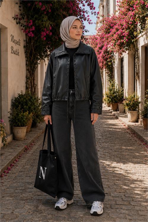 Dipmoda kadın siyah modern duruşlu çıtçıt detaylı oversize suni deri ceket DPHT02