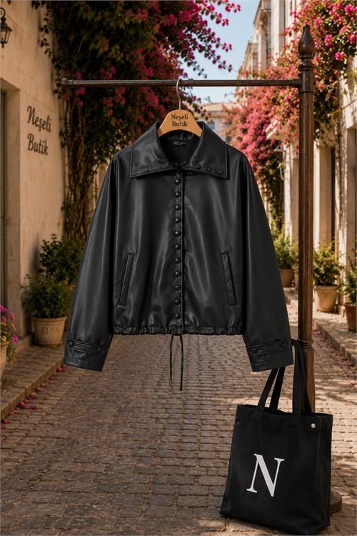 Dipmoda kadın siyah modern duruşlu çıtçıt detaylı oversize suni deri ceket DPHT02