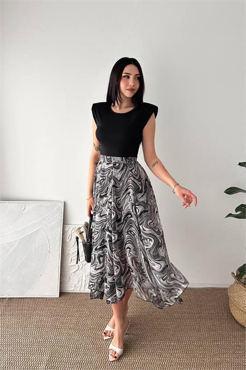 Dipmoda kadın siyah modern kesim vatkalı asimetrik kesim mermer desen elbise DPK4593
