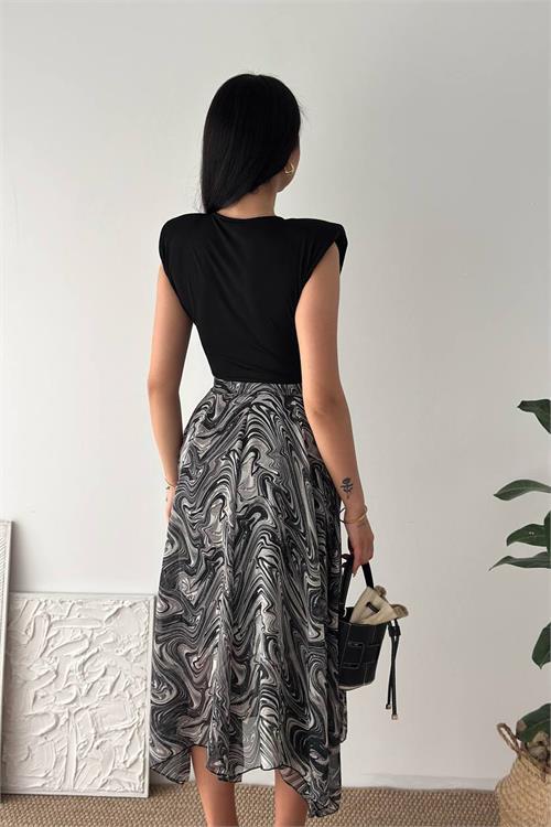 Dipmoda kadın siyah modern kesim vatkalı asimetrik kesim mermer desen elbise DPK4593
