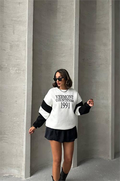 Dipmoda kadın siyah nakışlı pamuklu sweat NBG045