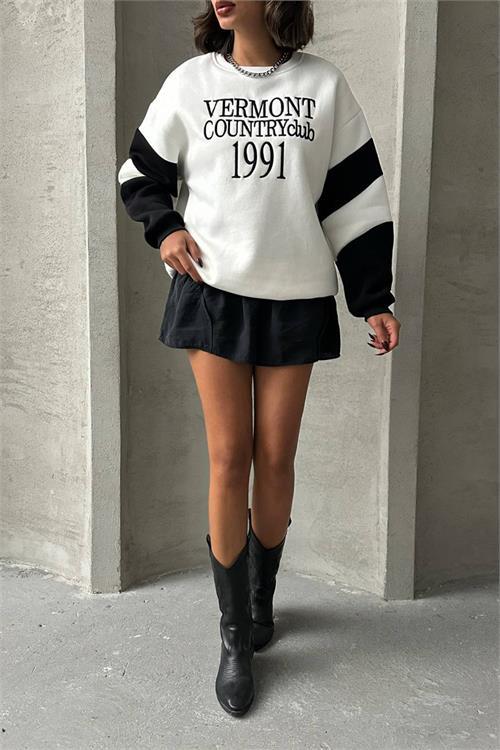 Dipmoda kadın siyah nakışlı pamuklu sweat NBG045