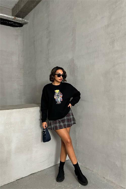 Dipmoda kadın siyah nakışlı sweatshirt DPNBG059