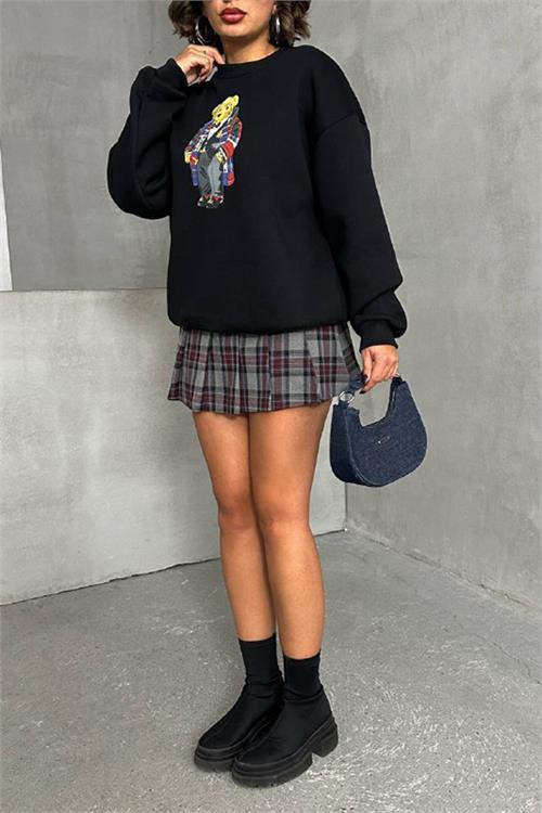 Dipmoda kadın siyah nakışlı sweatshirt DPNBG059