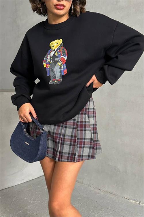 Dipmoda kadın siyah nakışlı sweatshirt DPNBG059