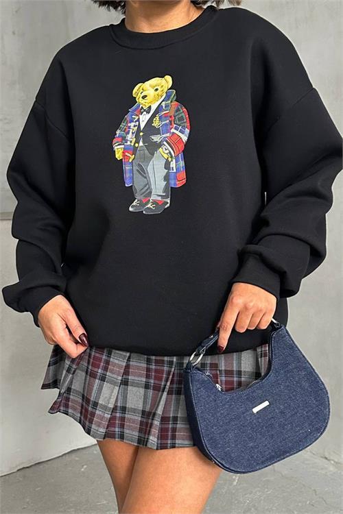 Dipmoda kadın siyah nakışlı sweatshirt DPNBG059
