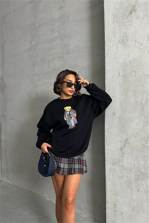 Dipmoda kadın siyah nakışlı sweatshirt DPNBG059