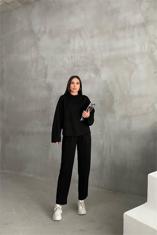 Dipmoda kadın siyah oversize alt üst eşofman takımı NBDM002