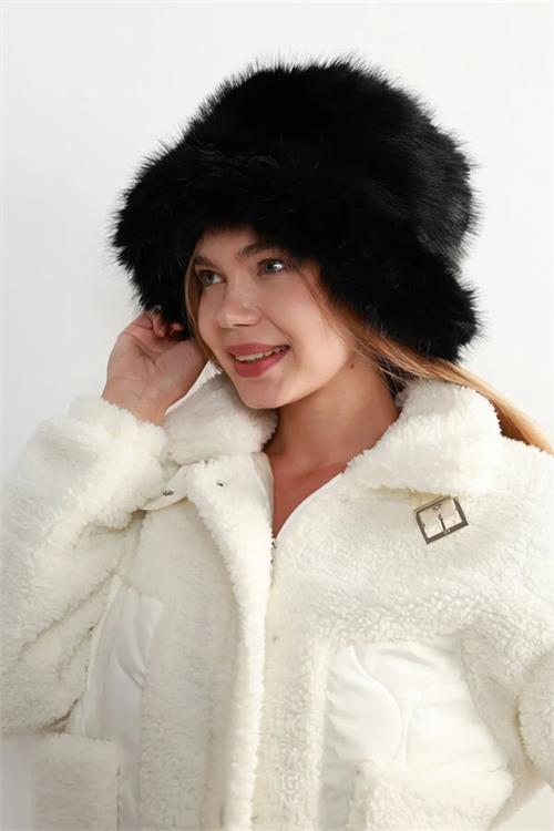 Dipmoda kadın siyah peluş kalpak şapka DPAKS001