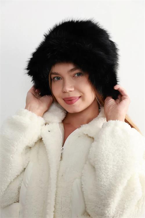 Dipmoda kadın siyah peluş kalpak şapka DPAKS001