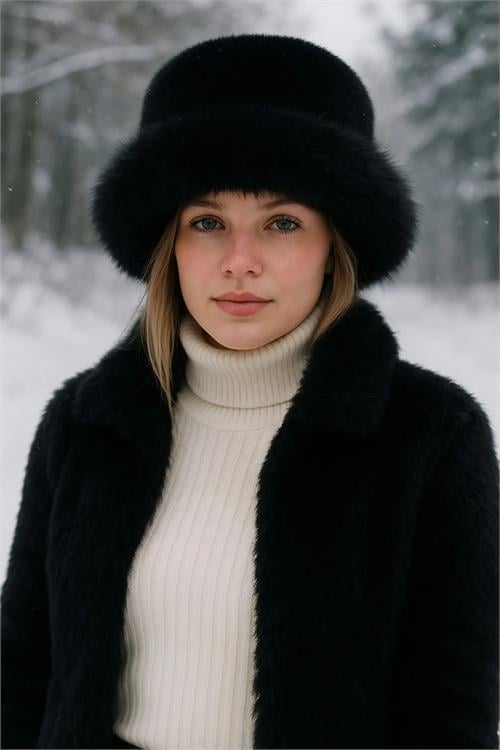 Dipmoda kadın siyah peluş kalpak şapka DPAKS001