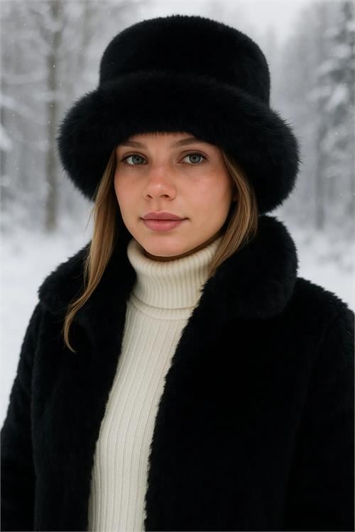 Dipmoda kadın siyah peluş kalpak şapka DPAKS001