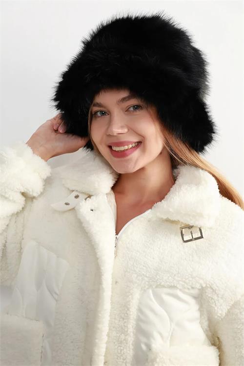 Dipmoda kadın siyah peluş kalpak şapka DPAKS001