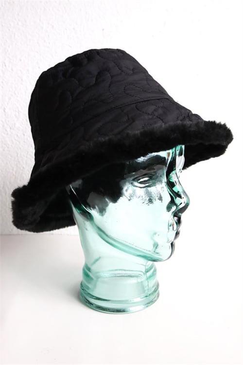 Dipmoda kadın siyah peluşlu kapitone bucket şapka DPAKS012