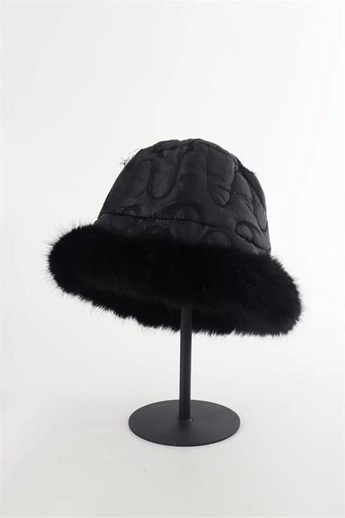 Dipmoda kadın siyah peluşlu kapitone bucket şapka DPAKS012