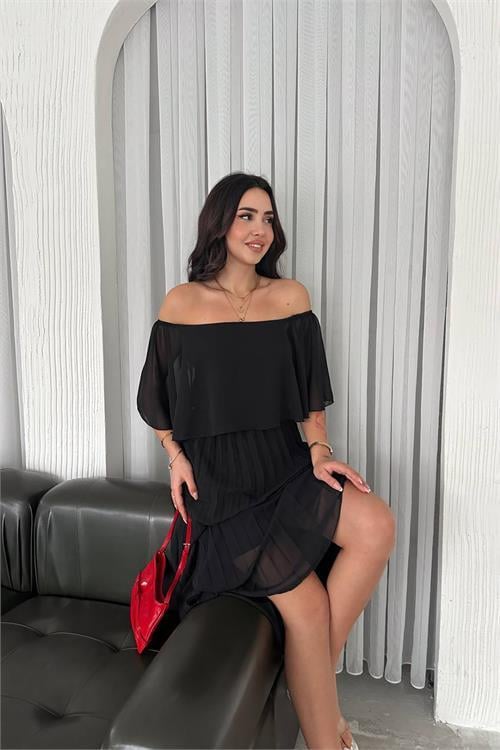 Dipmoda kadın siyah pileli midi boy şifon elbise DPK4102