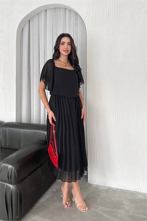 Dipmoda kadın siyah pileli midi boy şifon elbise DPK4102