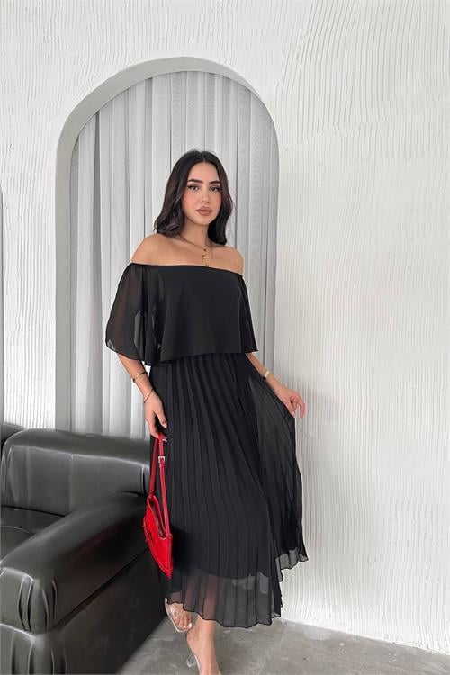 Dipmoda kadın siyah pileli midi boy şifon elbise DPK4102