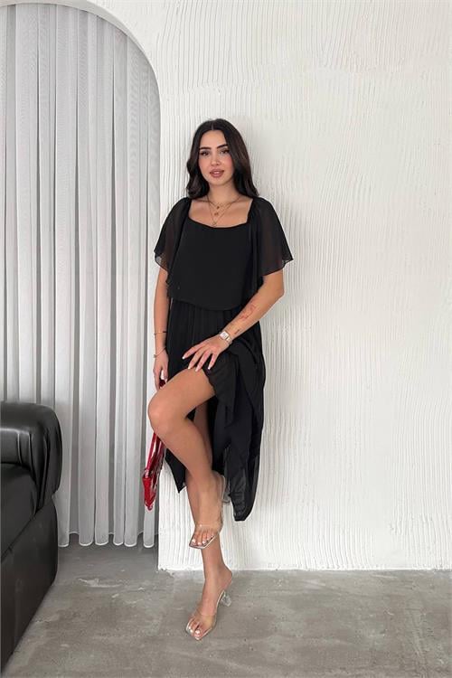Dipmoda kadın siyah pileli midi boy şifon elbise DPK4102