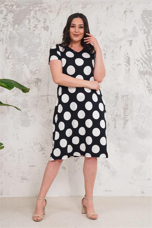 Dipmoda kadın siyah puantiye desenli büyük beden elbise NBA001 