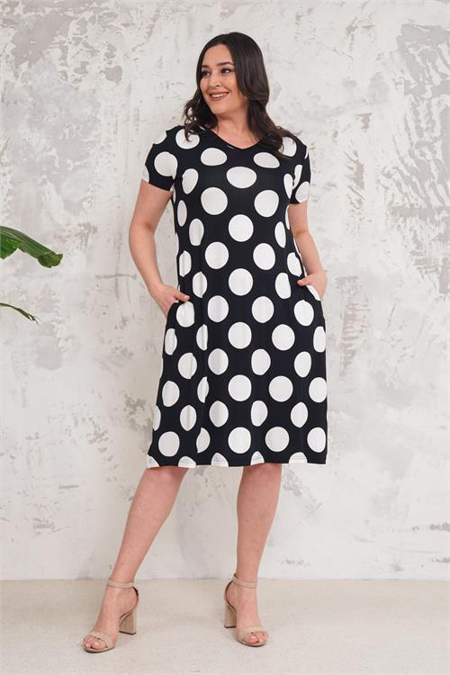Dipmoda kadın siyah puantiye desenli büyük beden elbise NBA001 