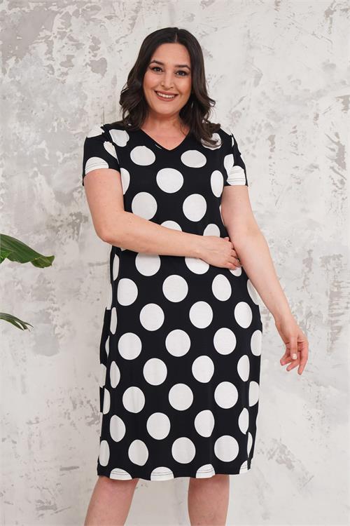 Dipmoda kadın siyah puantiye desenli büyük beden elbise NBA001 