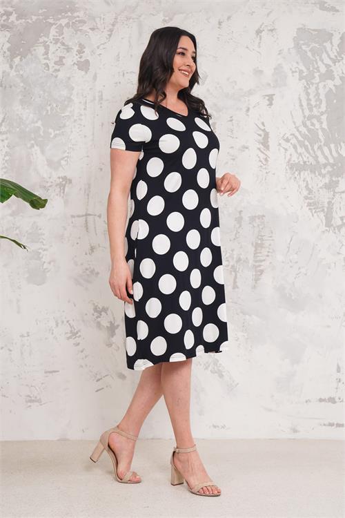 Dipmoda kadın siyah puantiye desenli büyük beden elbise NBA001 