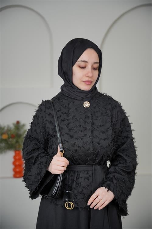 Dipmoda kadın siyah püskül kumaş bağlama detaylı etekli tesettür takım ---- DPVQ3144