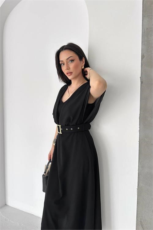 Dipmoda kadın siyah şifon kol detaylı V yaka kemerli midi boy elbise ----DPK085