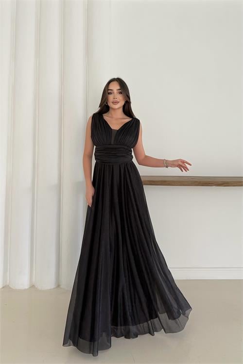 Dipmoda kadın siyah simli büyük beden abiye elbise RYS9223