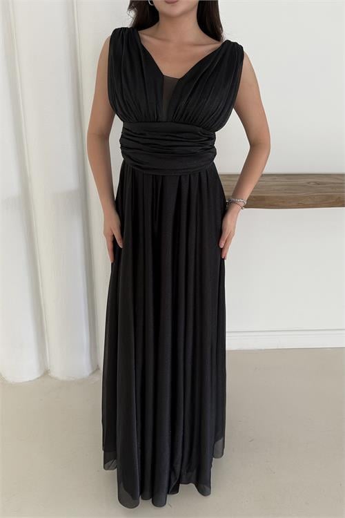 Dipmoda kadın siyah simli büyük beden abiye elbise RYS9223