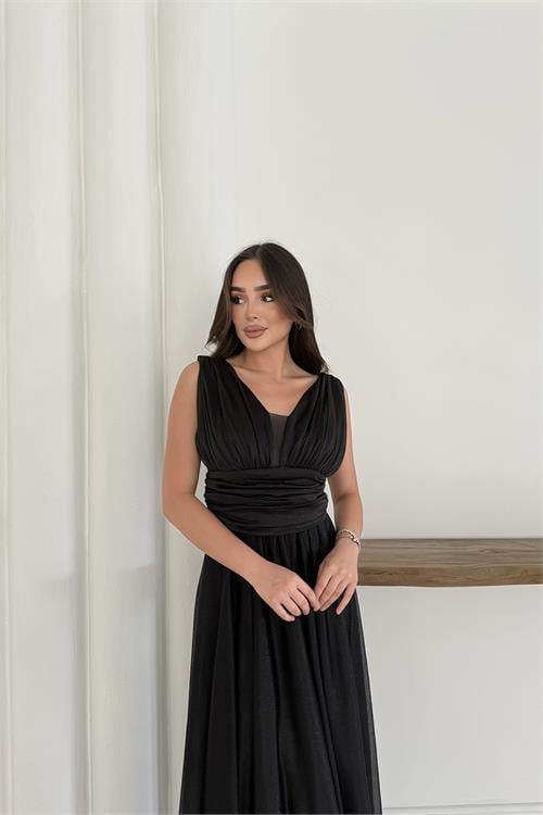 Dipmoda kadın siyah simli büyük beden abiye elbise RYS9223