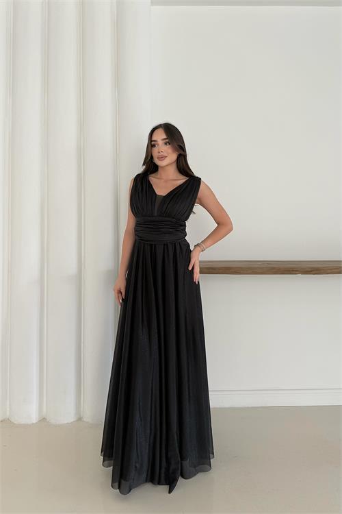 Dipmoda kadın siyah simli büyük beden abiye elbise RYS9223