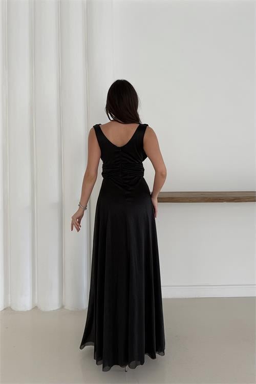 Dipmoda kadın siyah simli büyük beden abiye elbise RYS9223