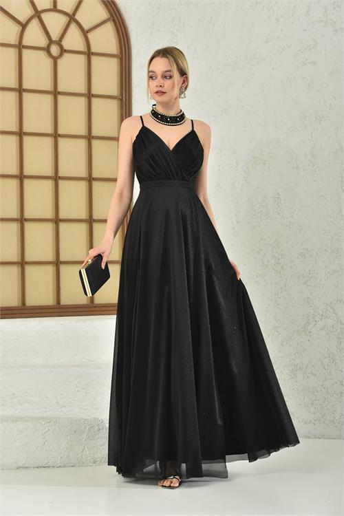 Dipmoda kadın siyah simli yırtmaç detaylı askılı uzun abiye DPS9276