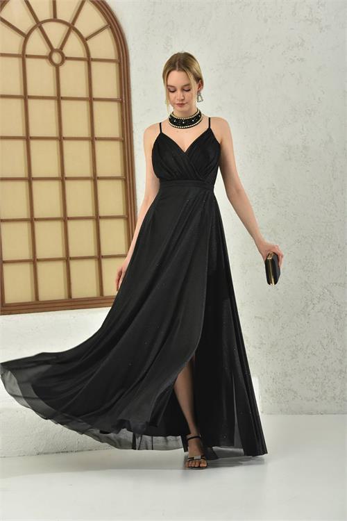 Dipmoda kadın siyah simli yırtmaç detaylı askılı uzun abiye DPS9276