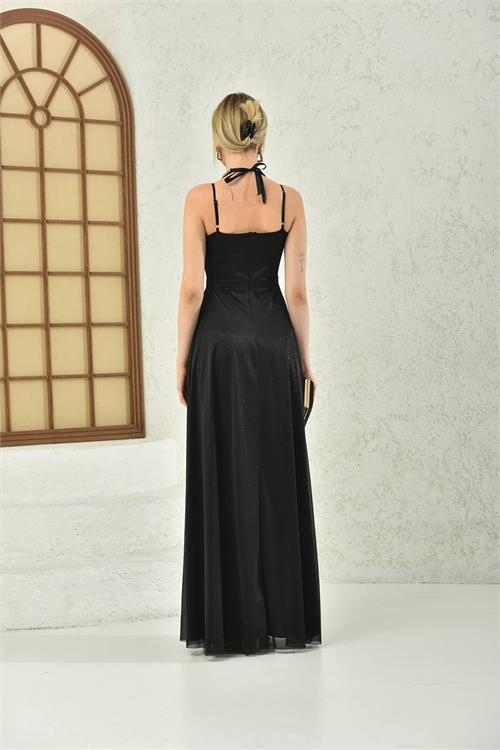 Dipmoda kadın siyah simli yırtmaç detaylı askılı uzun abiye DPS9276