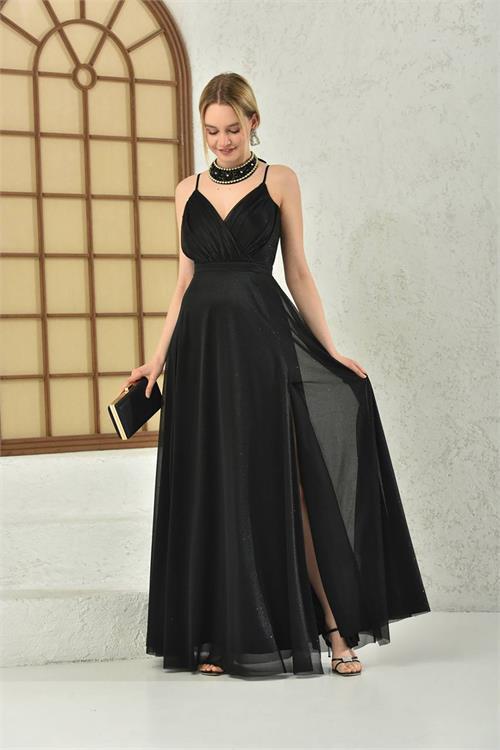 Dipmoda kadın siyah simli yırtmaç detaylı askılı uzun abiye DPS9276