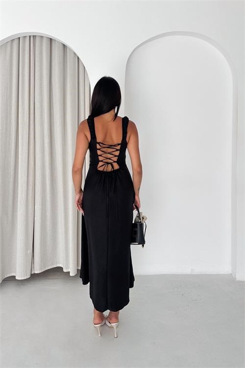 Dipmoda kadın siyah sırt bağcıklı askılı midi boy kare yaka elbise DPK4672