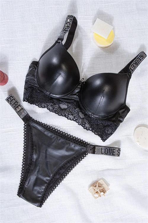 Dipmoda kadın siyah taş detaylı Push-up destekli deri bralet takım BHR1010 