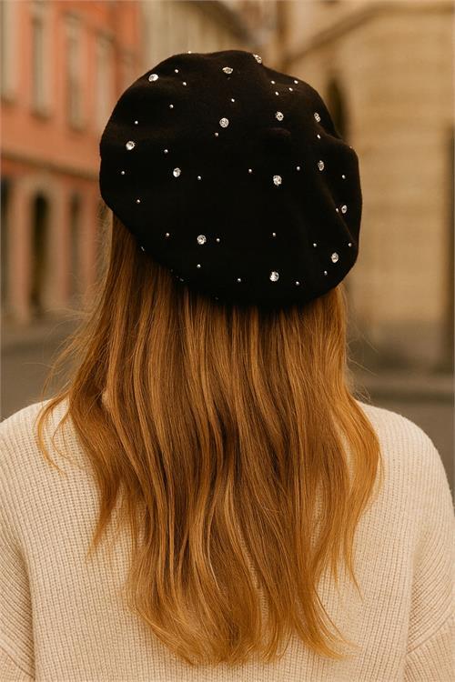 Dipmoda kadın siyah taş işlemeli ressam şapkası DPAKS026